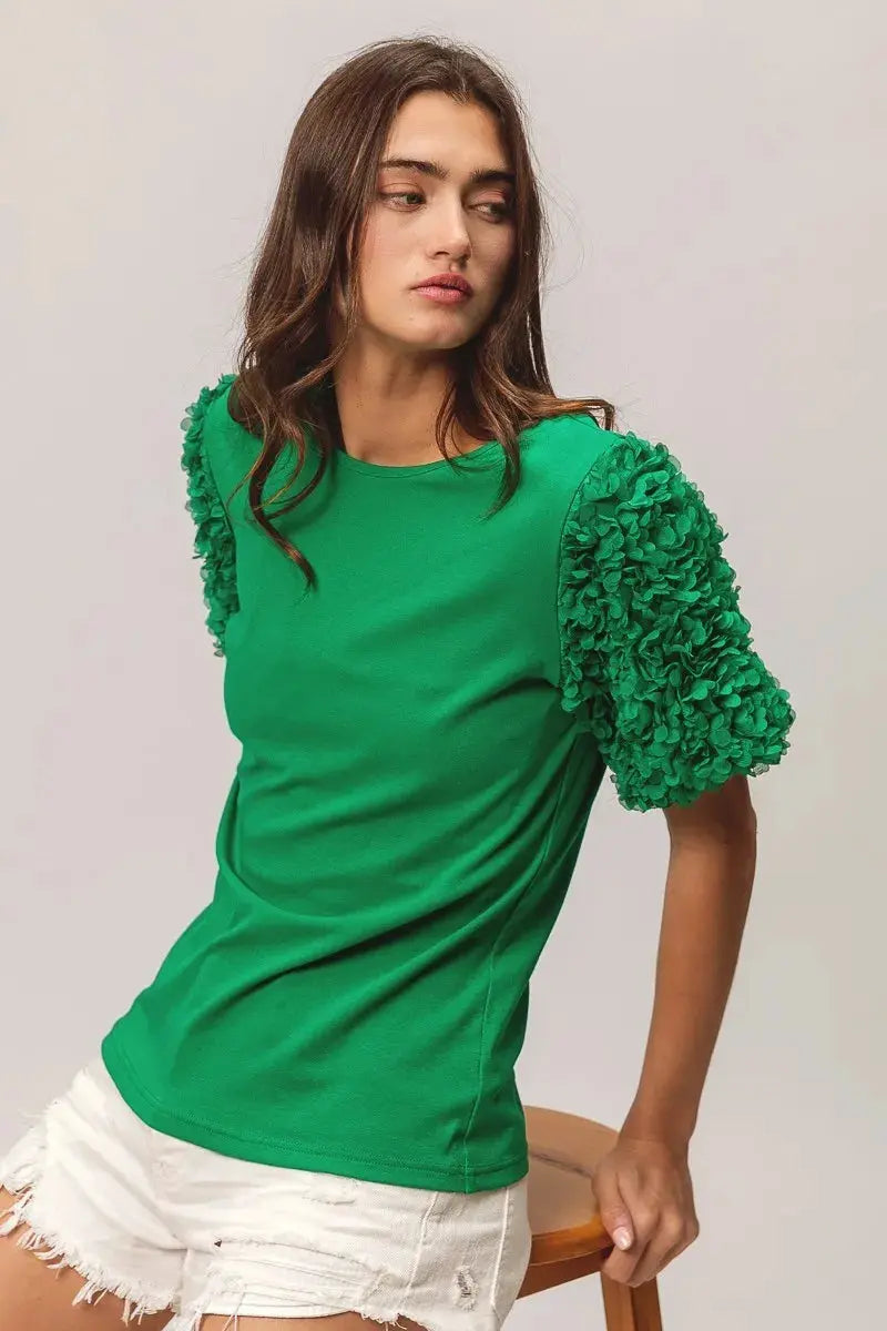BiBi Short Mesh Flower Sleeve Knit Top - Love Salve 