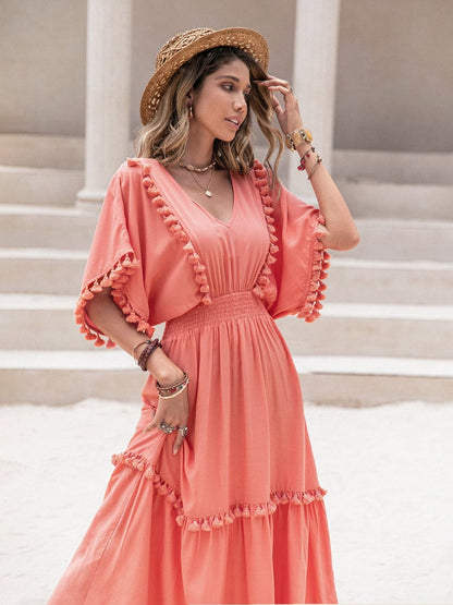 Tassel Trim Smocked V-Neck Short Sleeve Dress.