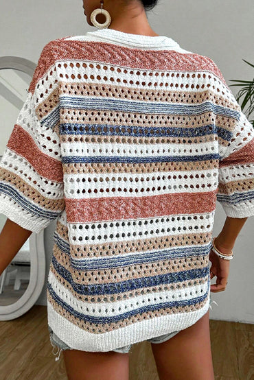 Chic Multicolor Striped Hollow Out V-Neck Half Sleeve Knit Sweater