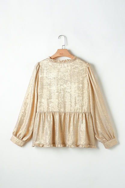 Gold Metallic Frilled V Neck Puff Sleeve Babydoll Blouse