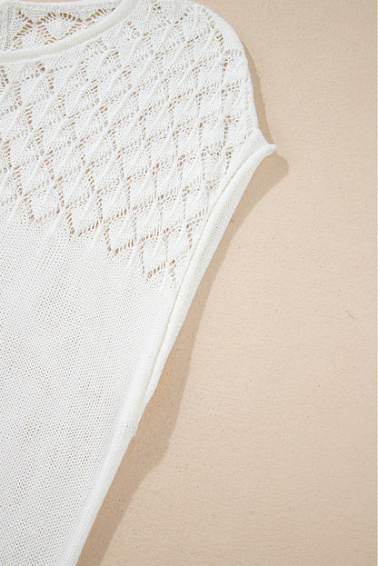 Elegant White Eyelet Knit Short Sleeve Sweater with Tied Back Detail