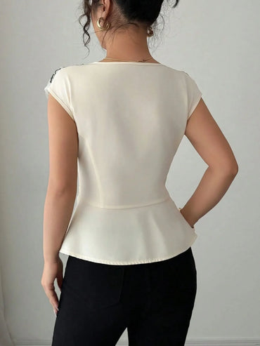 Floral Cap Sleeve Peplum Blouse With Mesh Lace Detail