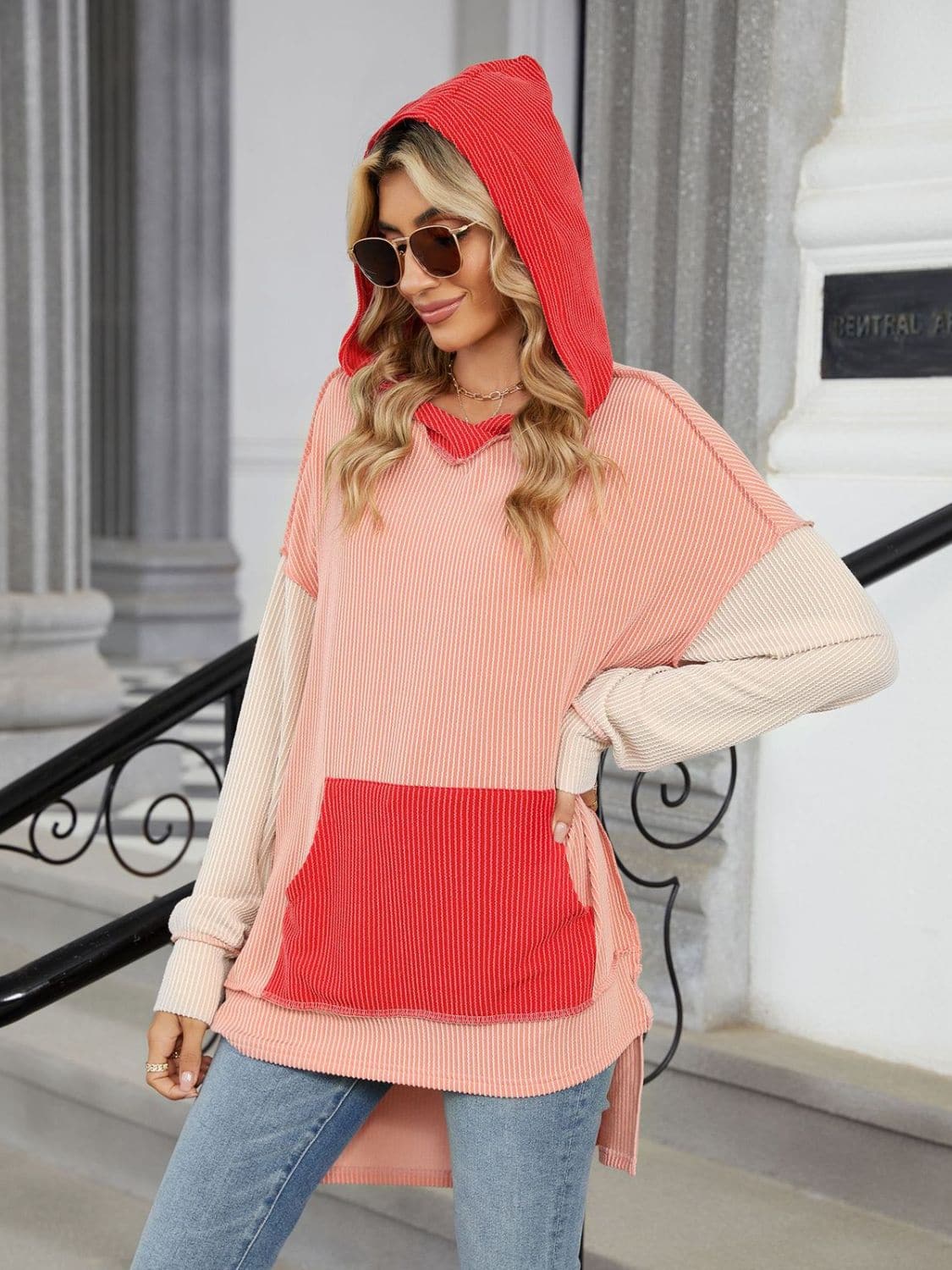 Contrast hooded long sleeve top