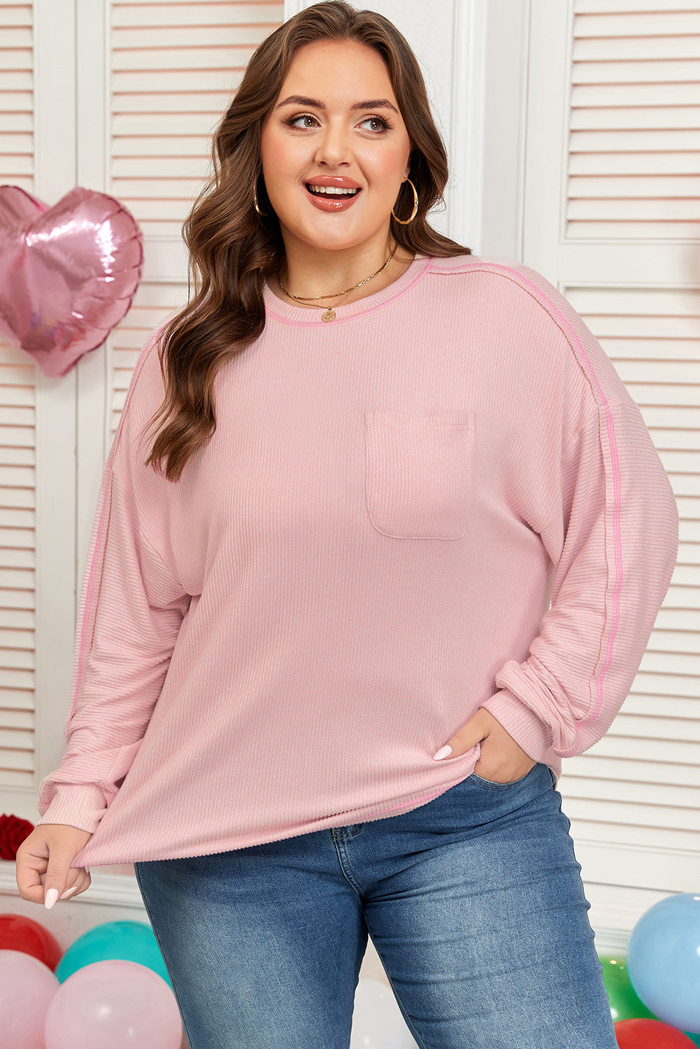 Bonbon Ribbed Knit Top With Round Neck Chest Pocket Plus Dear-Lover Dropshipping