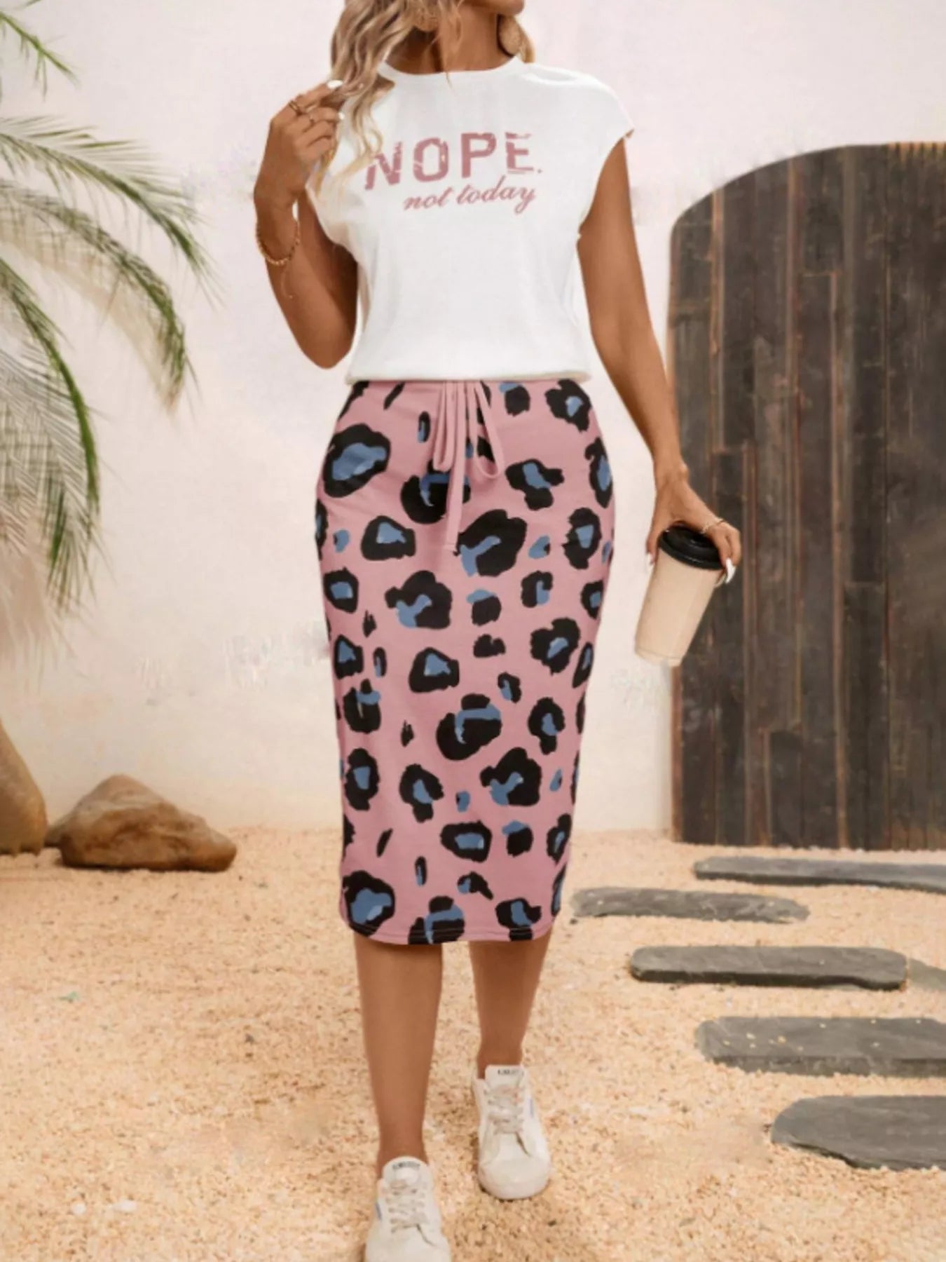 Letter Round Neck Cap Sleeve Top and Leopard Skirt Set