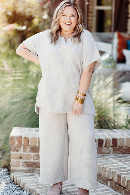 Chic beige plus size textured top and pants ensemble