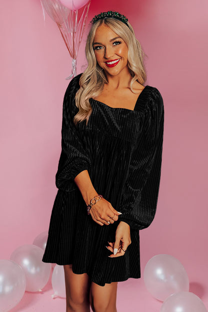 Black Tie Back Square Neck Velvet Babydoll Dress Elegant
