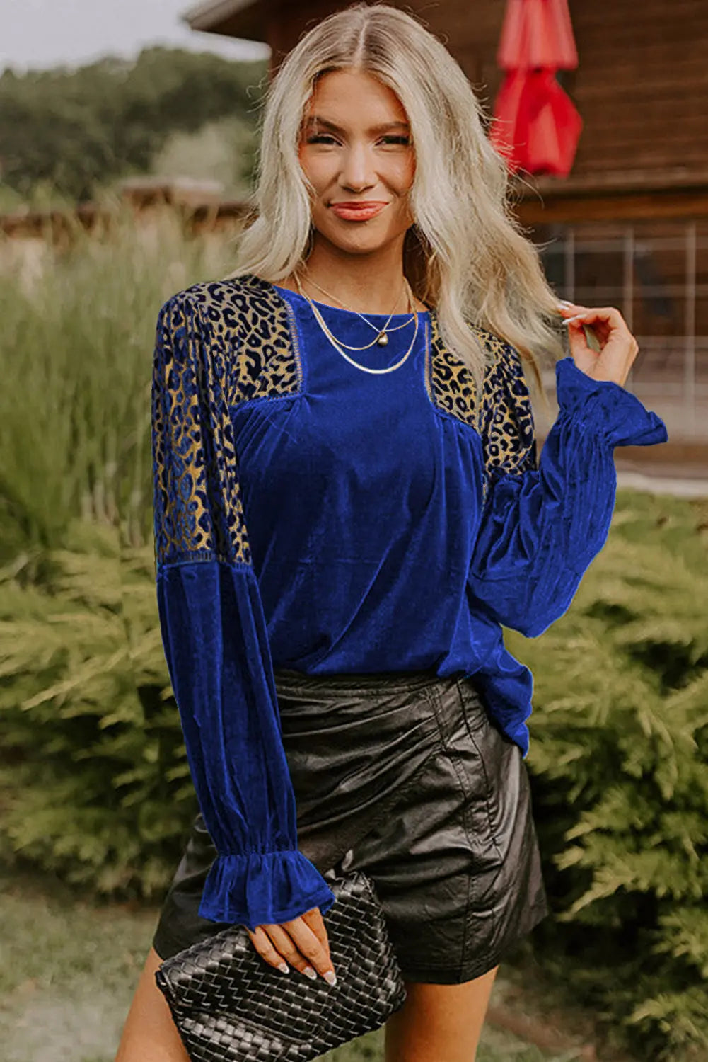 Sky Blue Leopard Patchwork Velvet Blouse with Flounce Sleeve Dear-Lover Dropshipping