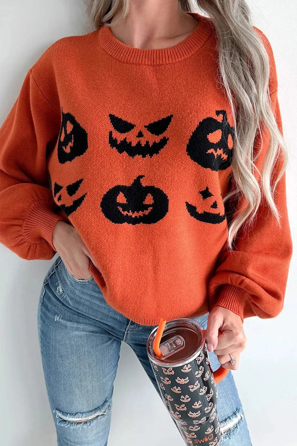 Pumpkin Pattern Round Neck Sweater.