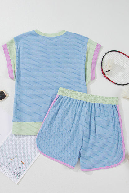 Beau Blue Corded Knit Contrast Trim Round Neck Cap Sleeve 2pcs Short Set