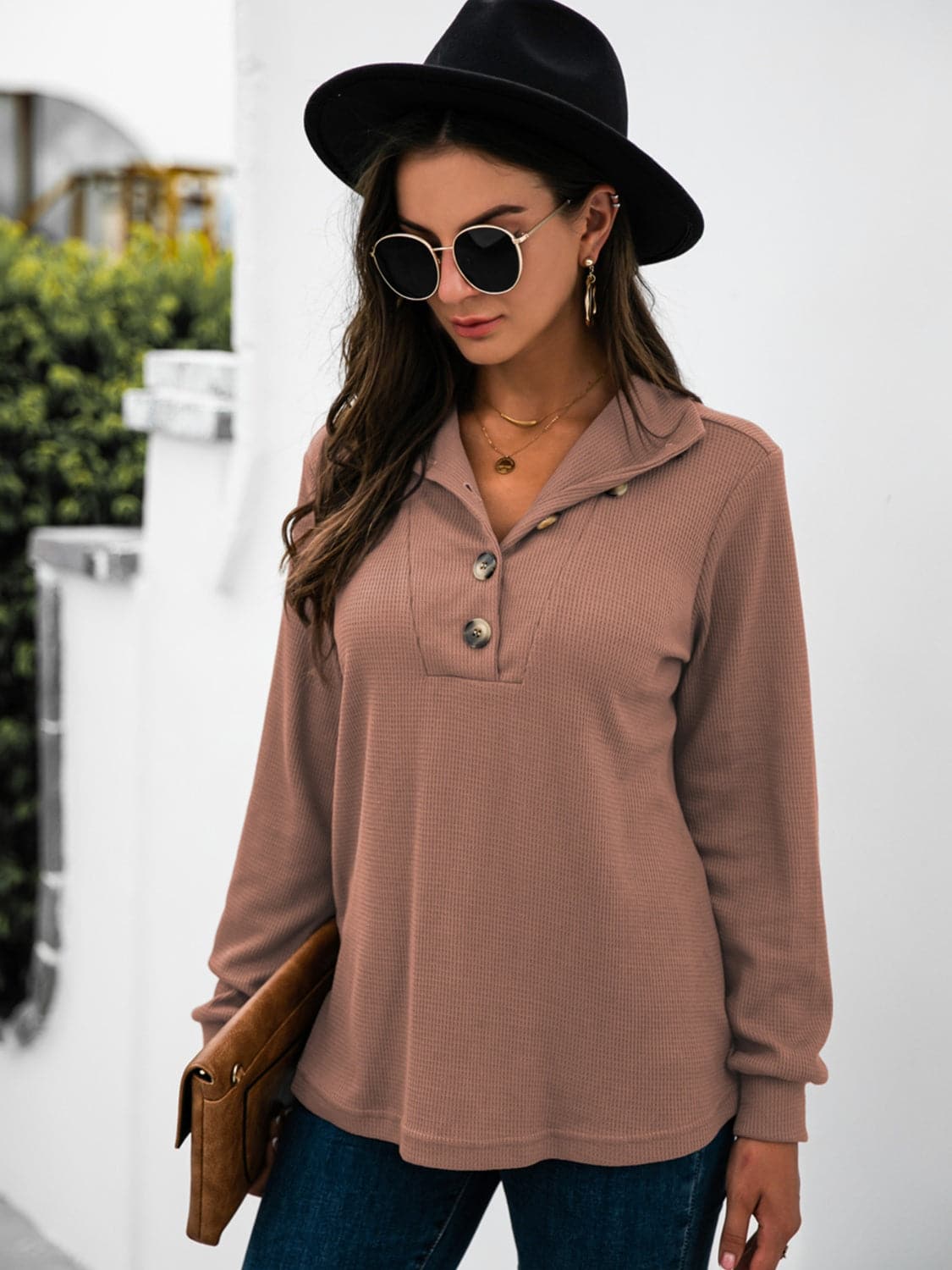 Chic half button long sleeve top