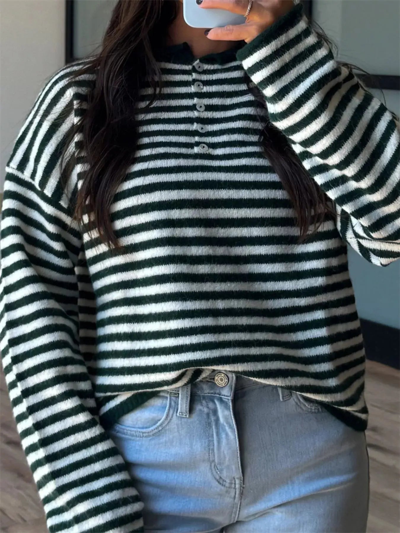 Button Detail Dropped Shoulder Striped Sweater Simply Love