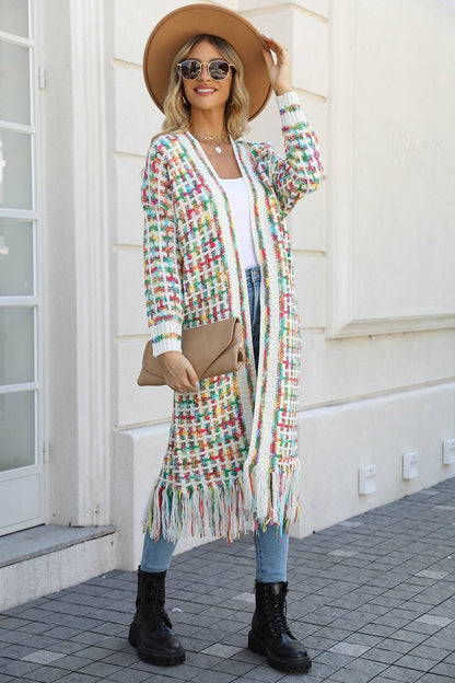 Multicolored Open Front Fringe Hem Cardigan.