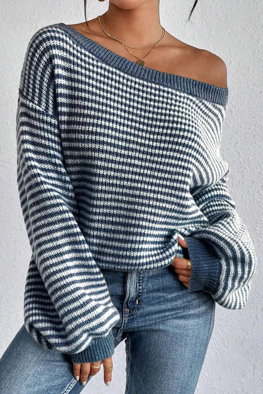 Cozy striped dropped shoulder sweater with round neck