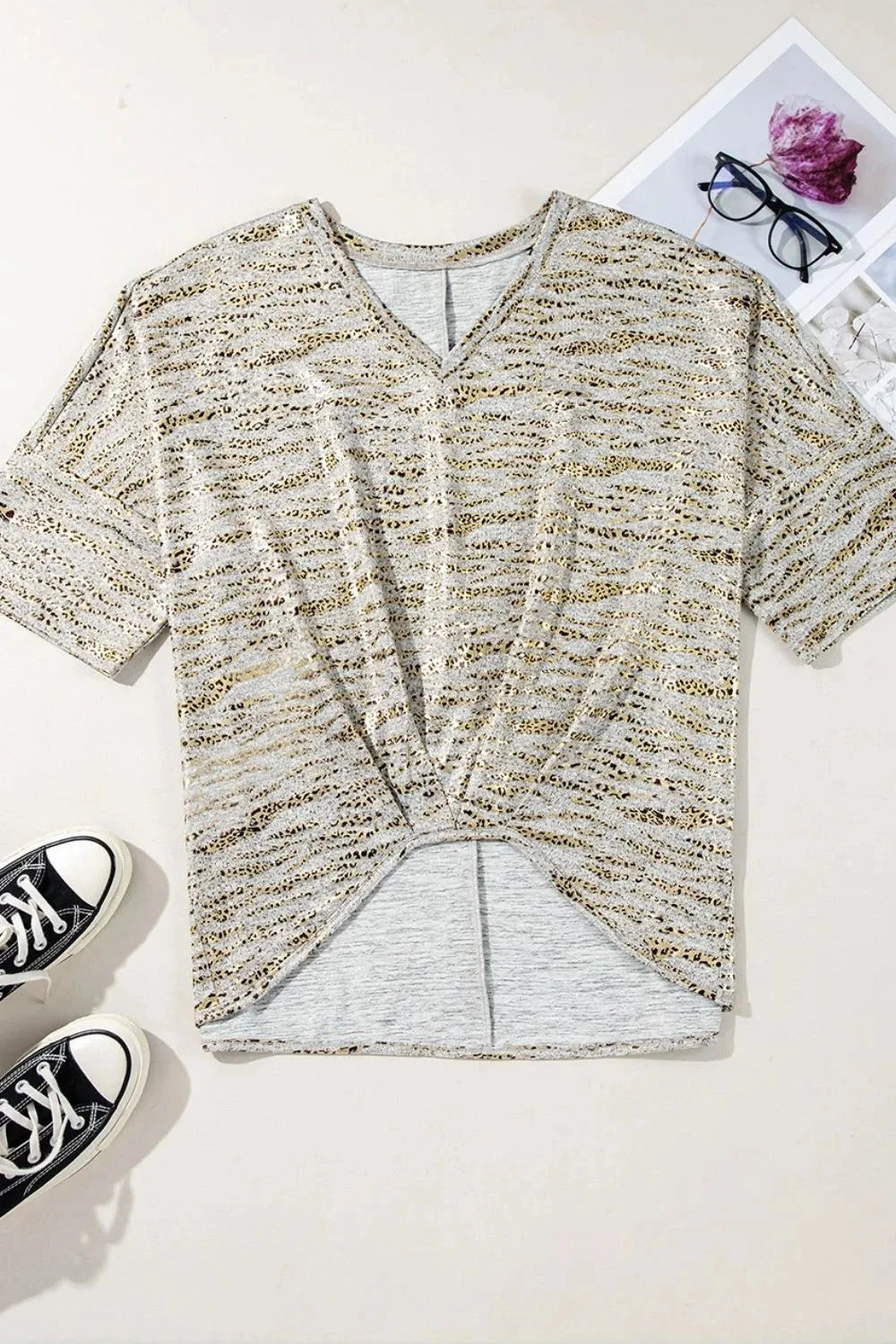 Leopard Print Half Sleeve V Neck Loose Fit T Shirt Simply Love