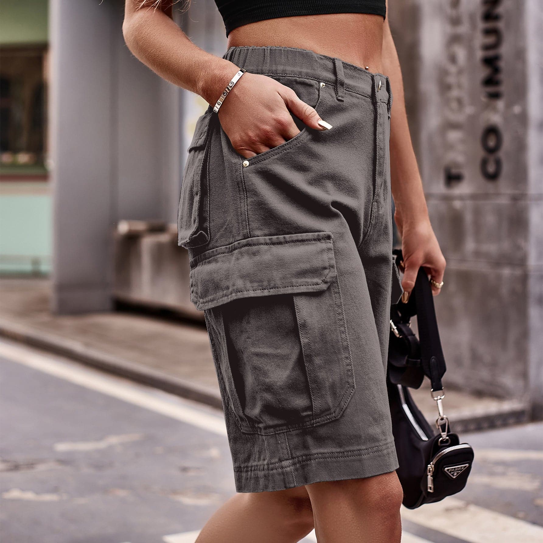 Denim Cargo Shorts with Pockets.