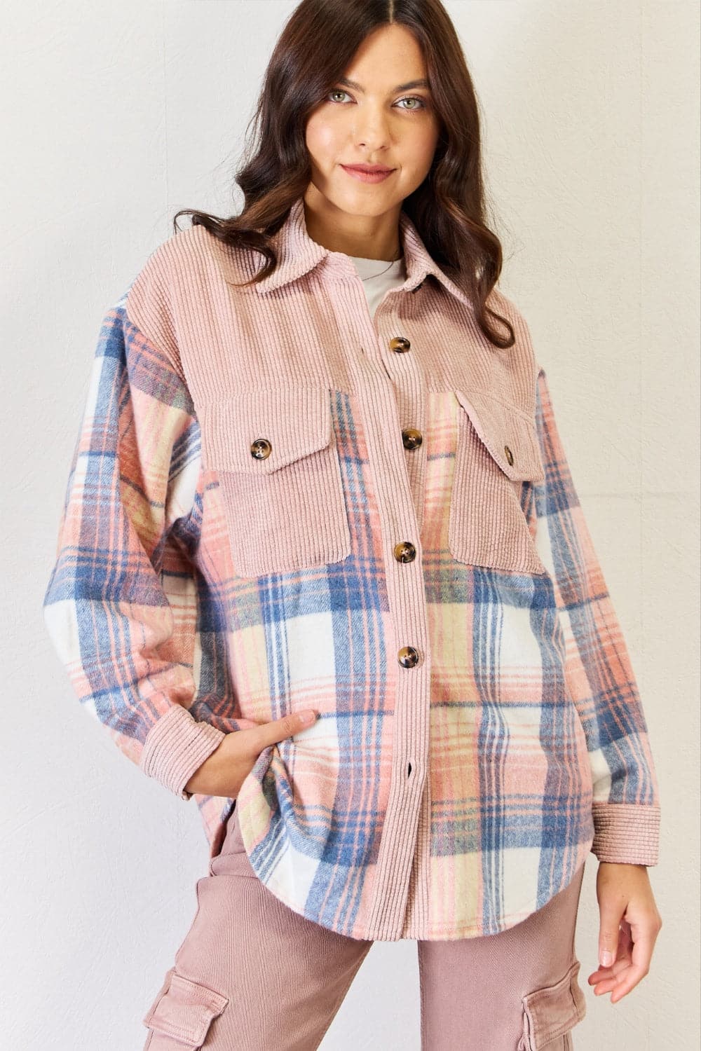 J.NNA Plaid Colorblock Button Down Jacket.