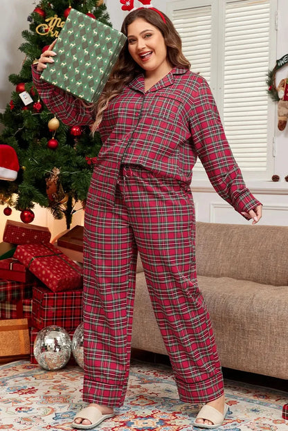 Stylish Plus Size Plaid Lounge Set with Collared Top and Pants