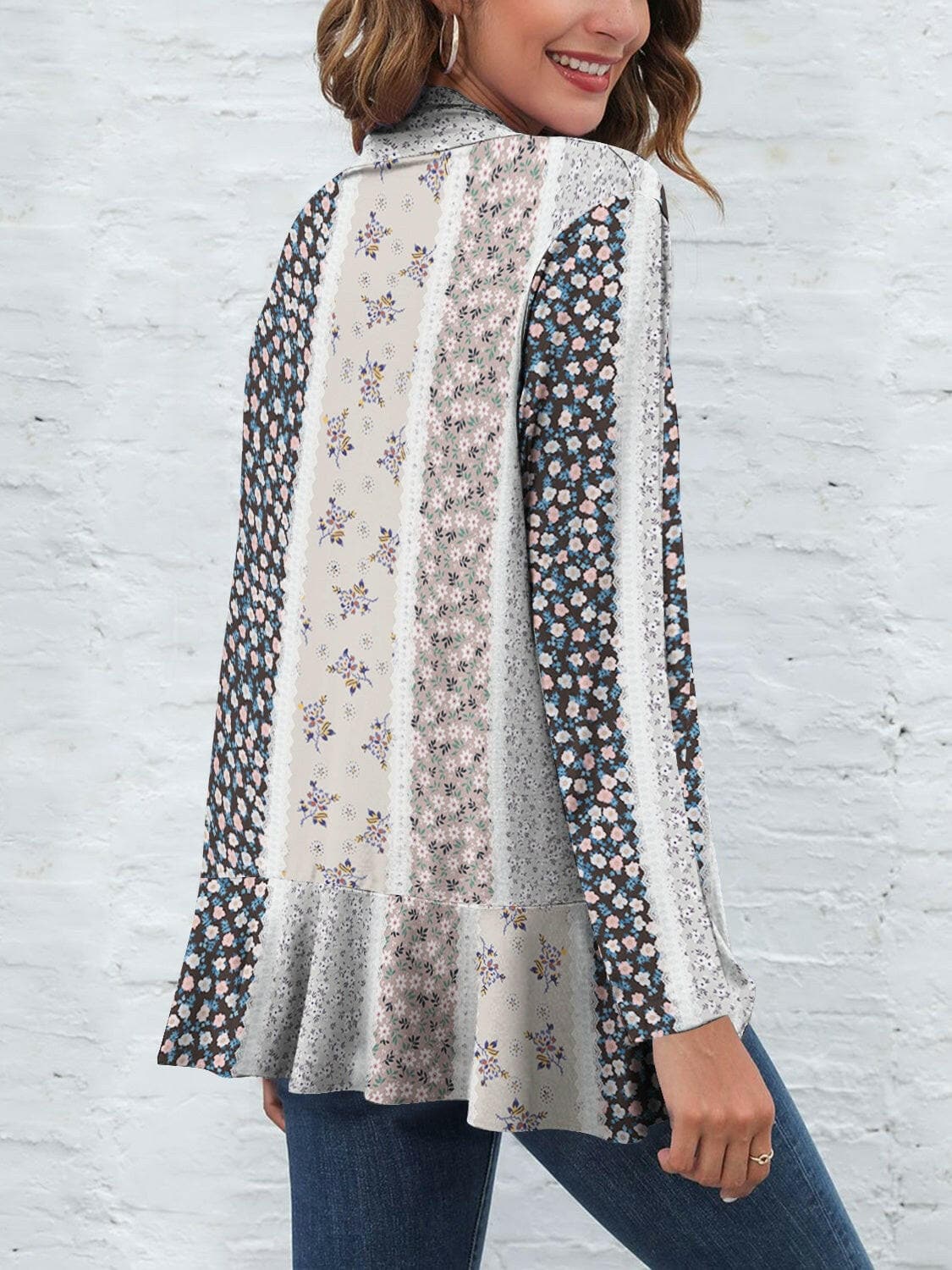 Printed Open Front Long Sleeve Cardigan.