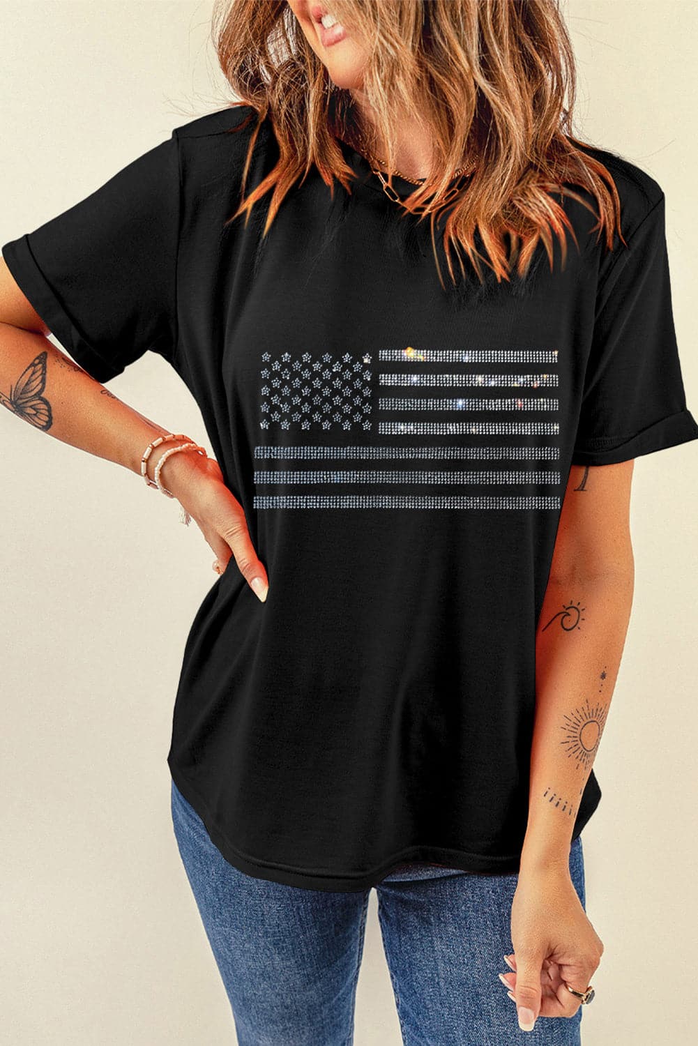 Rhinestone US Flag Round Neck Short Sleeve T-ShirtRhinestone US Flag Round Neck Short Sleeve T-Shirt

Show your patriotic spirit with this stunning Rhinestone US Flag Round Neck Short Sleeve T-Shirt. Perfect for casLove Salve Flag Round Neck Short SleeveT-Shirts