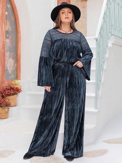 Plus Size Round Neck Flare Sleeve Top and Pants Set.