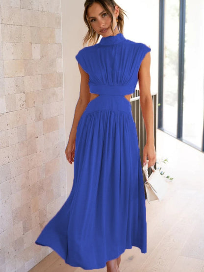 Cutout Mock Neck Sleeveless Ruched Dress.