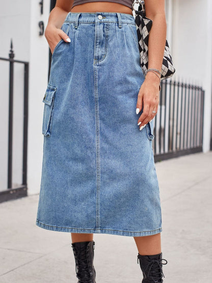 Slit Buttoned Denim Skirt with Pockets.