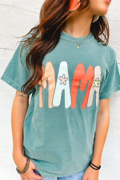 Sea Green Mineral Wash Crewneck T-Shirt with MAMA Graphic