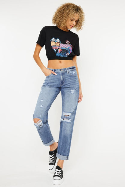 Kancan Mid Rise Distressed Straight Jeans.