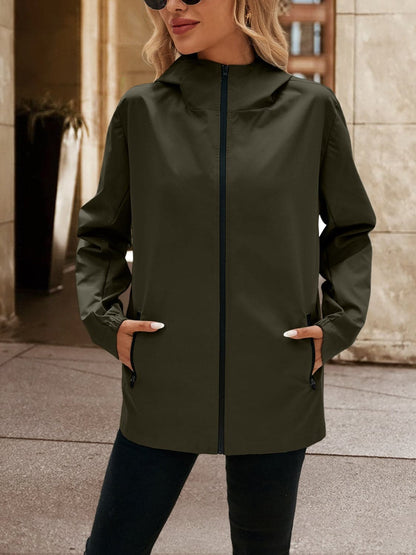 Pocketed Zip Up Hooded Jacket.