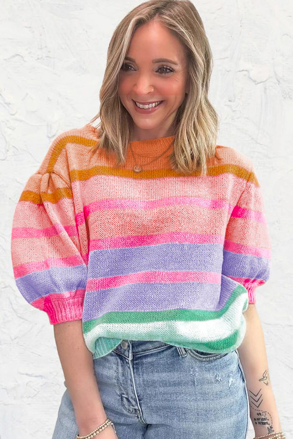 Vibrant Rose Red Striped Bubble Sleeve Sweater