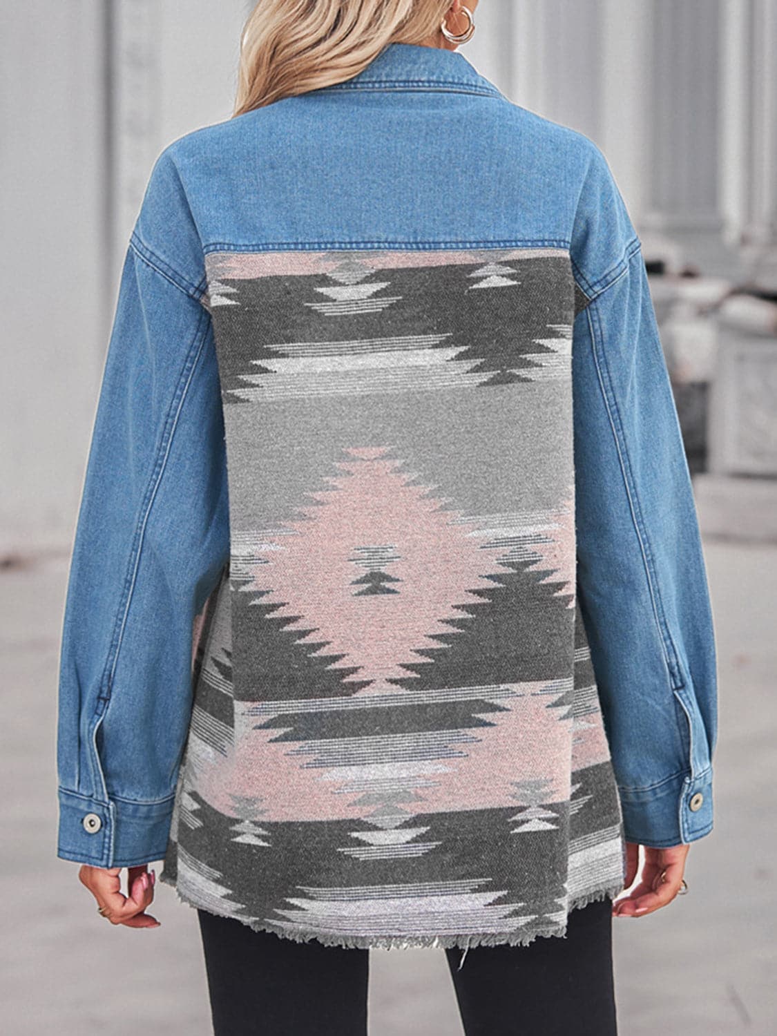 Geometric Raw Hem Button Up Denim Jacket.