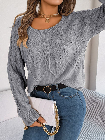 Cable-Knit Round Neck Long Sleeve Sweater.