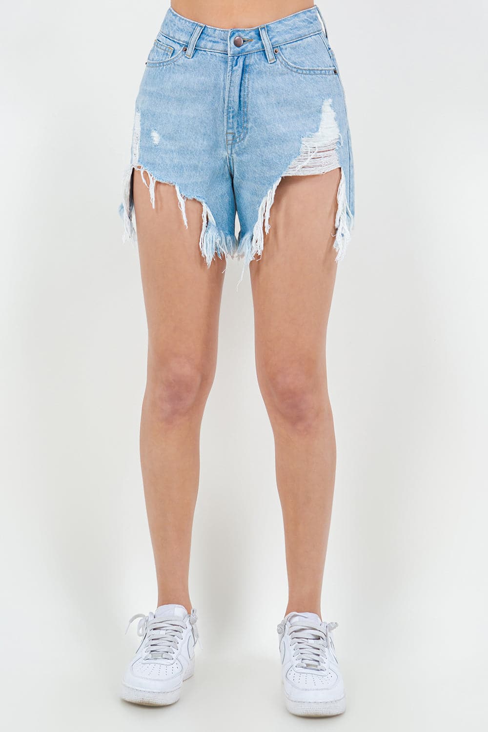 American Bazi High Waist Fringed Hem Denim Shorts.