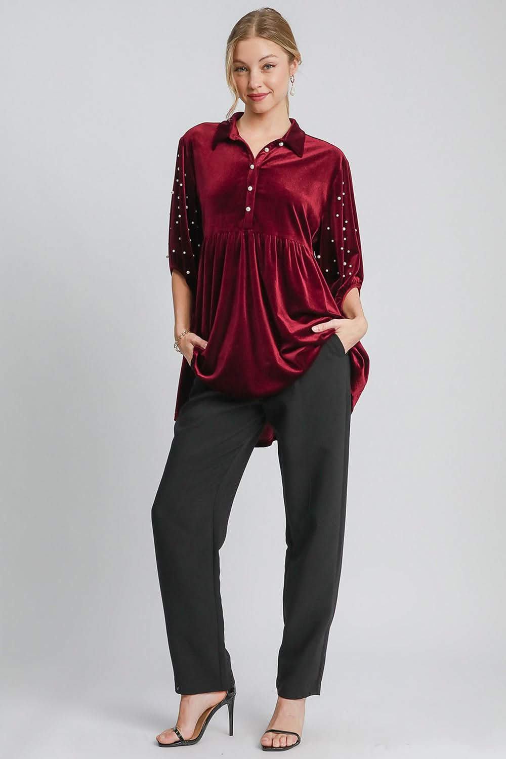 Velvet Babydoll Blouse with Pearl Detail and Collared Neck