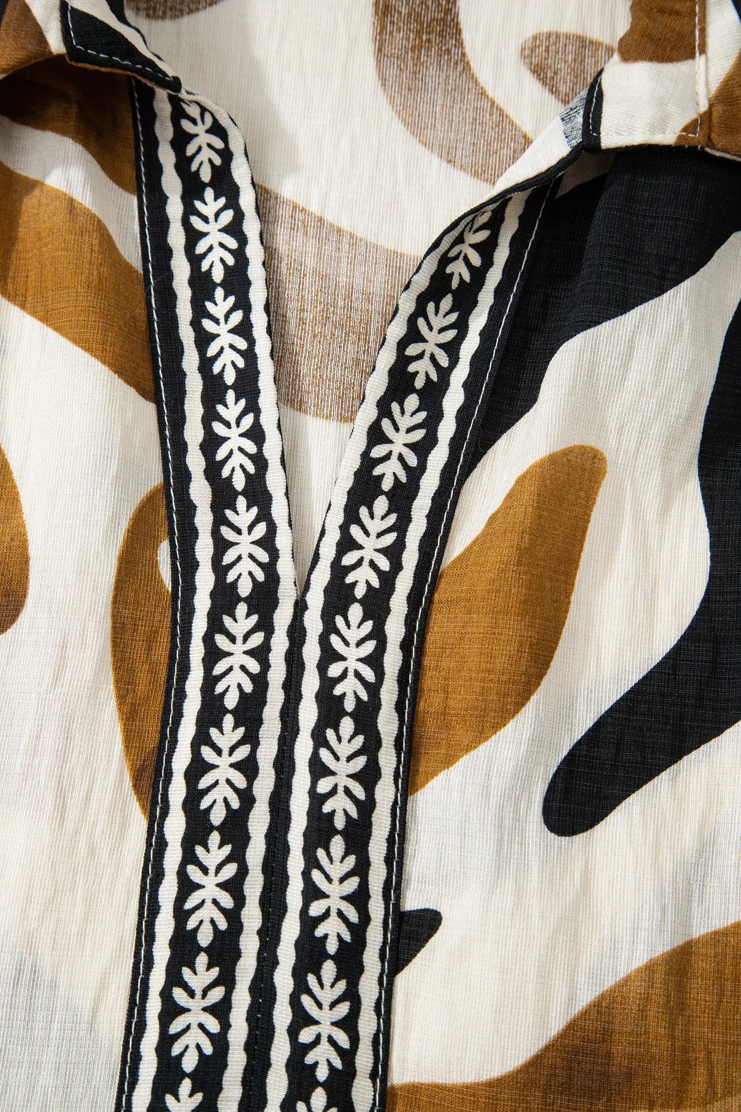 Brown Tropical Print Dress With Contrast Trim Neck Long Sleeve Ruffle Hem Dear-Lover Dropshipping