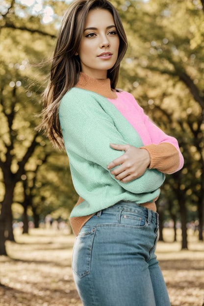 Color Block Mock Neck Dropped Shoulder Sweater.