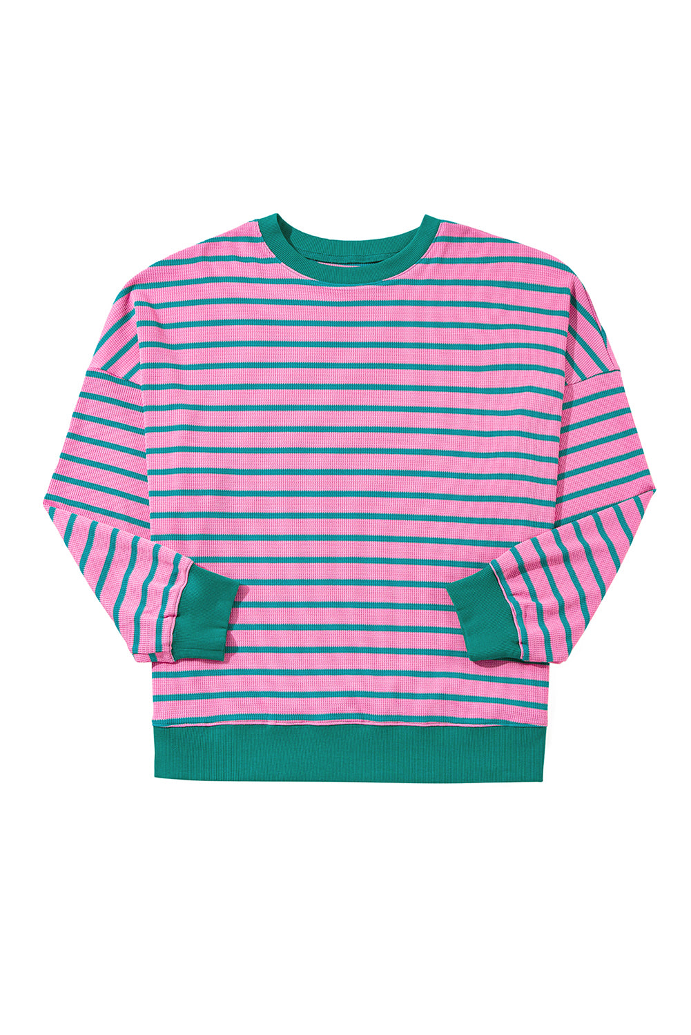 Cozy chic pink stripe plus size sweatshirt with waffle knit texture