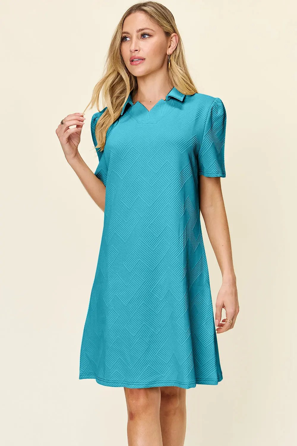 Double Take Full Size Texture Collared Neck Short Sleeve Dress - Love Salve