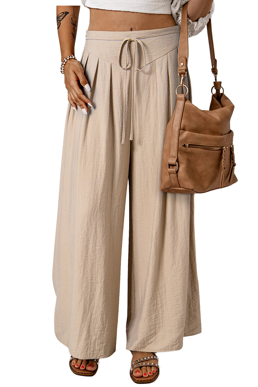 Beige high-waisted wide-leg trousers