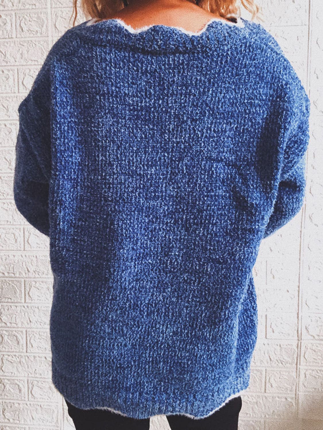 Notched Dropped Shoulder Long Sleeve Sweater.