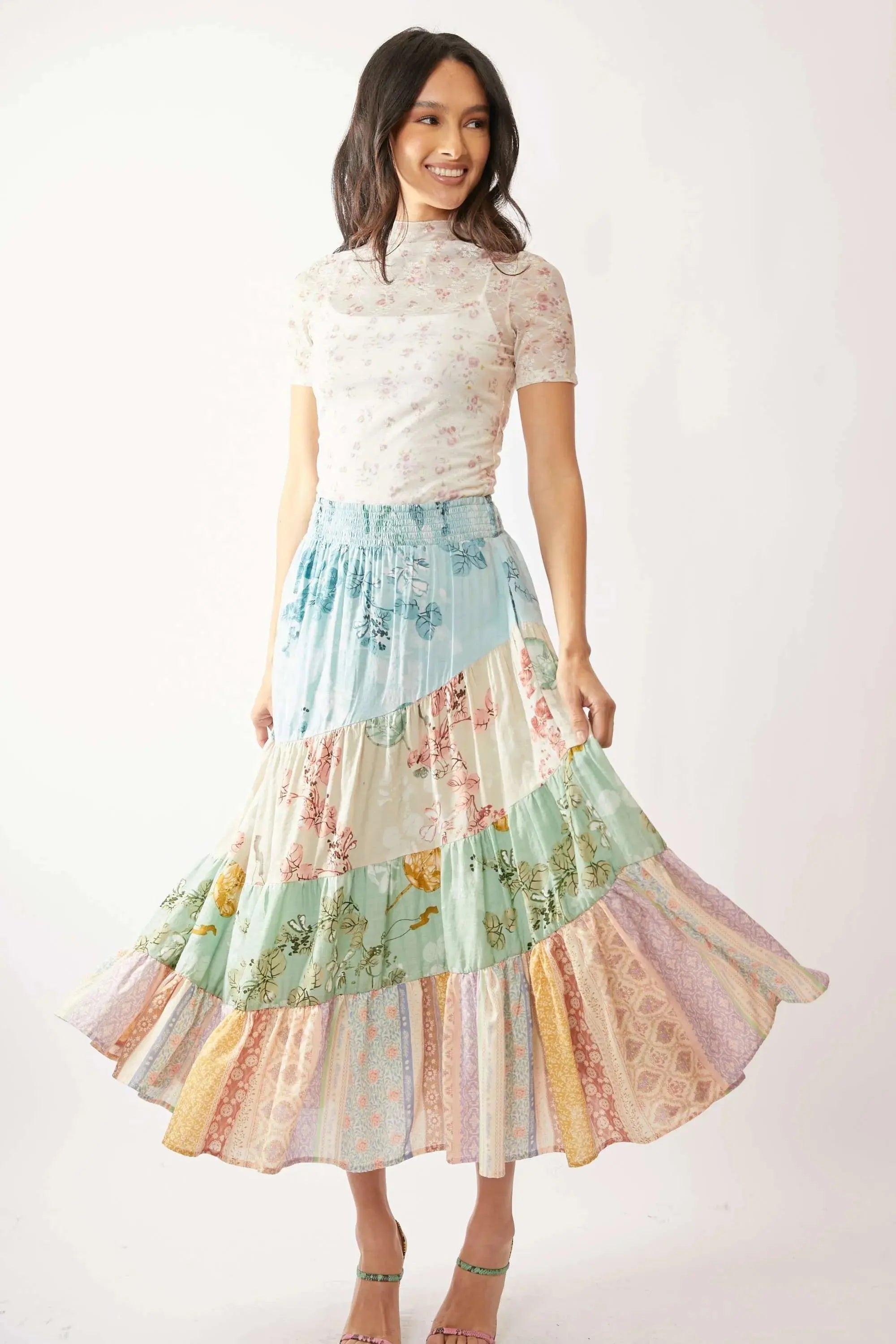 Davi & Dani Floral Mesh Mock Neck Short Sleeve Top - Love Salve 