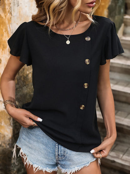 Decorative Button Round Neck Short Sleeve Blouse.