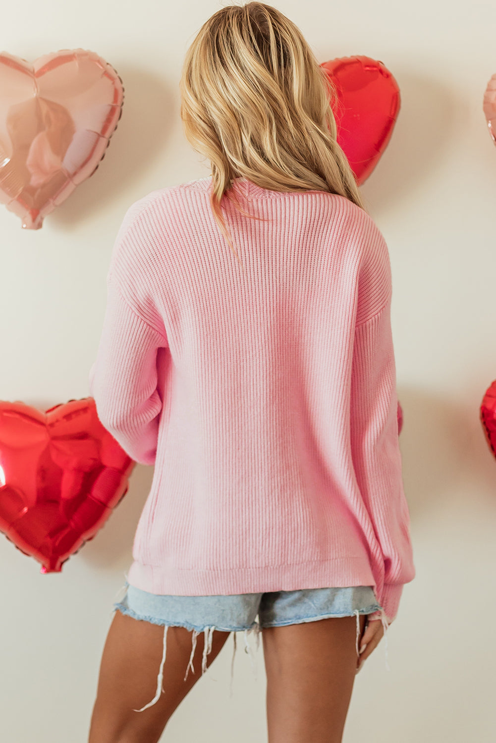 Pink Scalloped Edge Cardigan with Side Pockets and Button Detail in Cozy Ribbed Knit