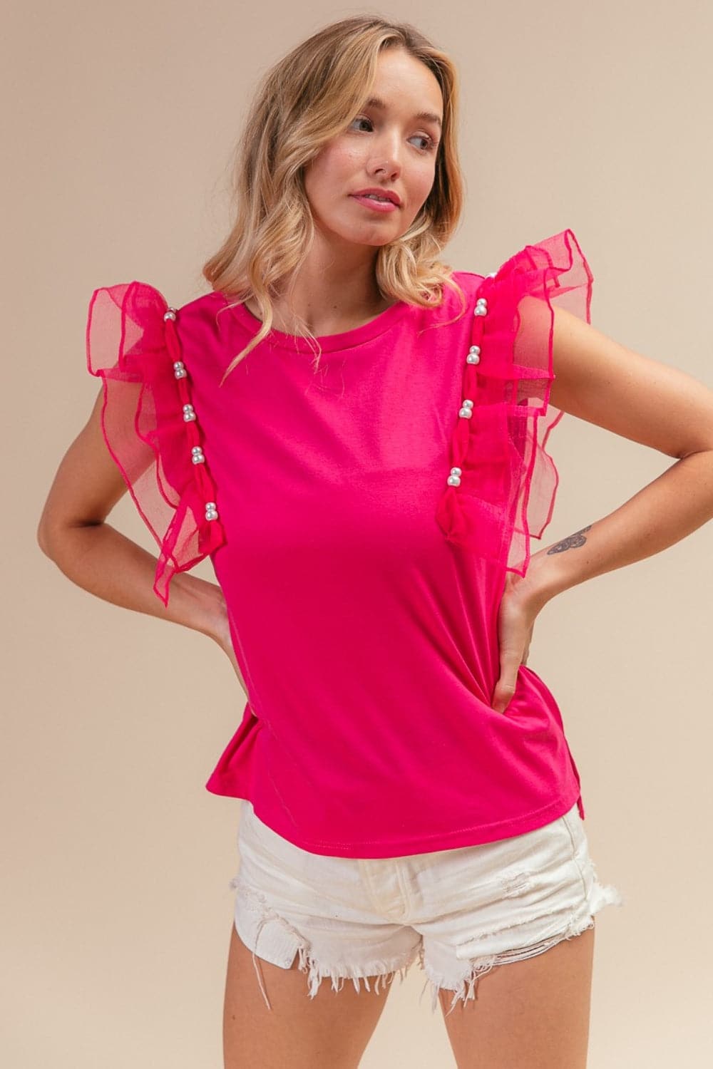 BiBi Pearl Decor Mesh Ruffle Sleeve Top.