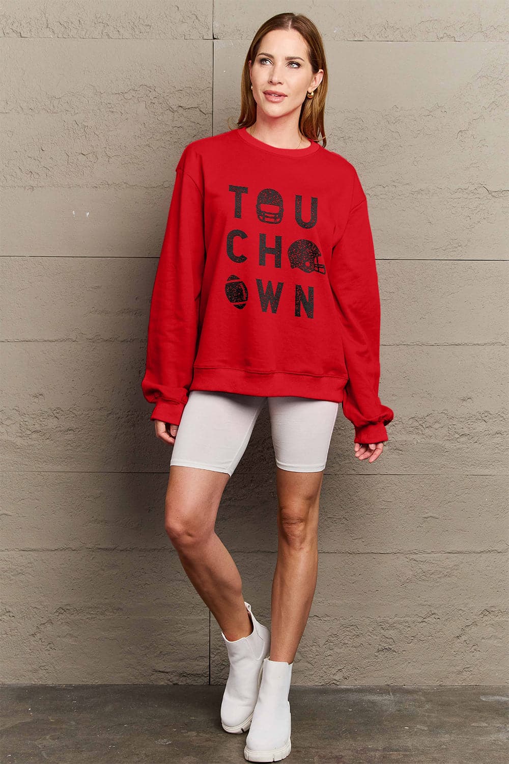 Simply Love Full Size TOUCHDOWN Long Sleeve Sweatshirt.