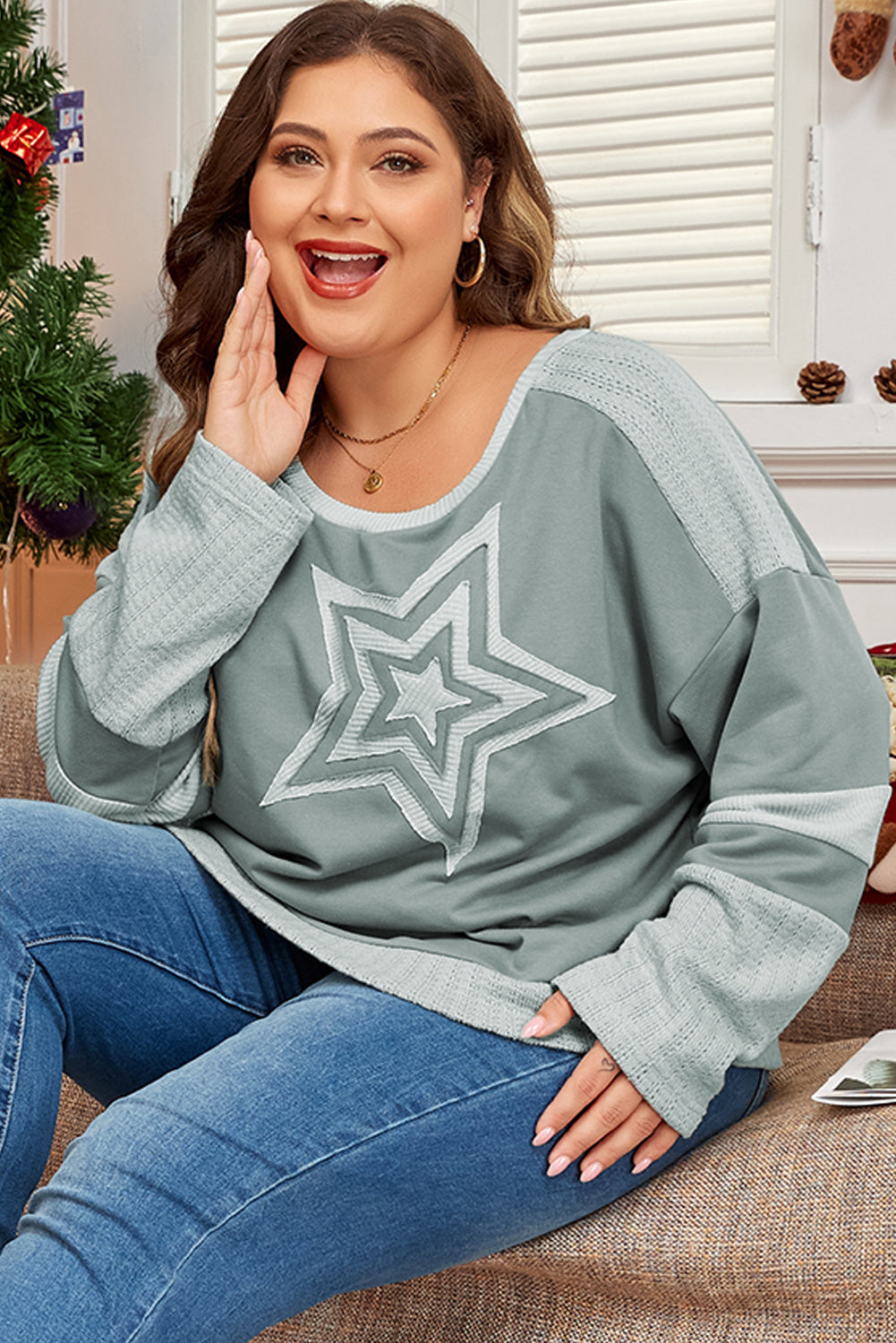 Mist green starry patchwork plus size t-shirt with round neckline