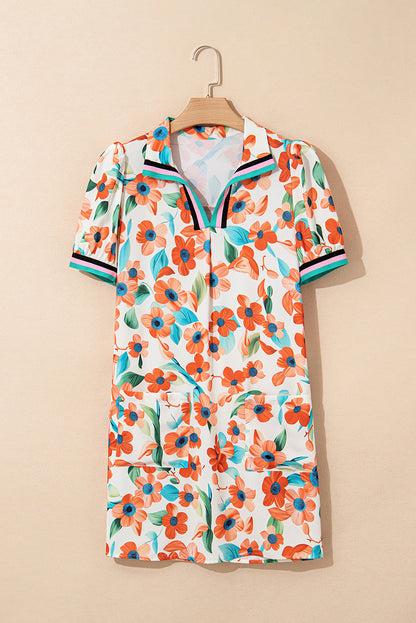 Orange Contrast Trim Floral Split Neck Puff Sleeve Mini Dress