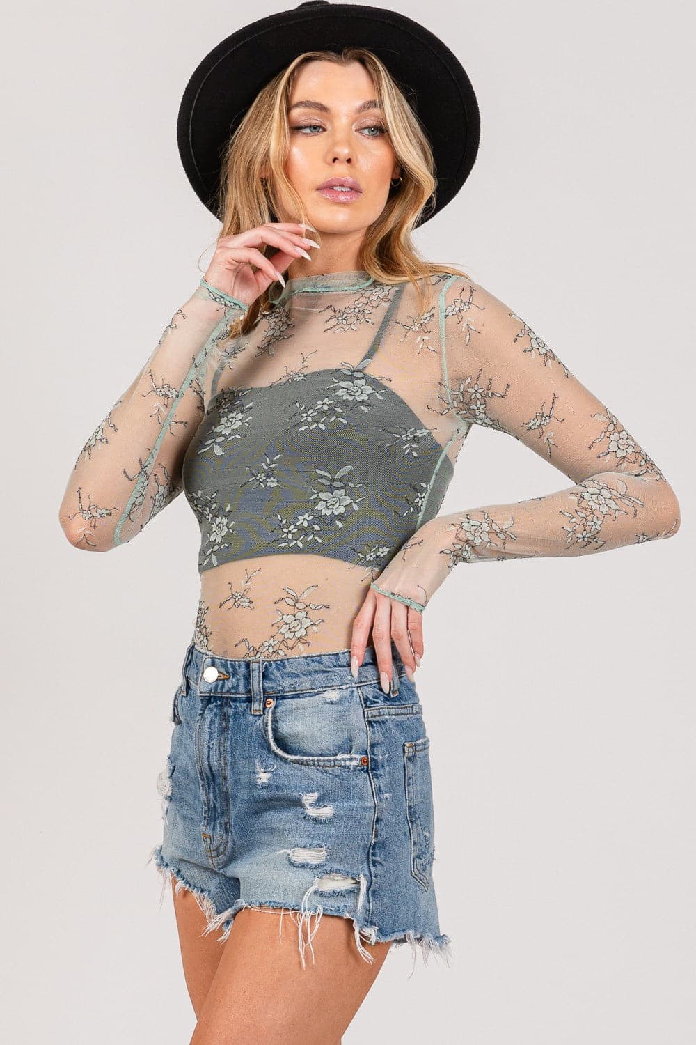 SAGE + FIG Mesh Long Sleeve Sheer Floral Embroidery Top.