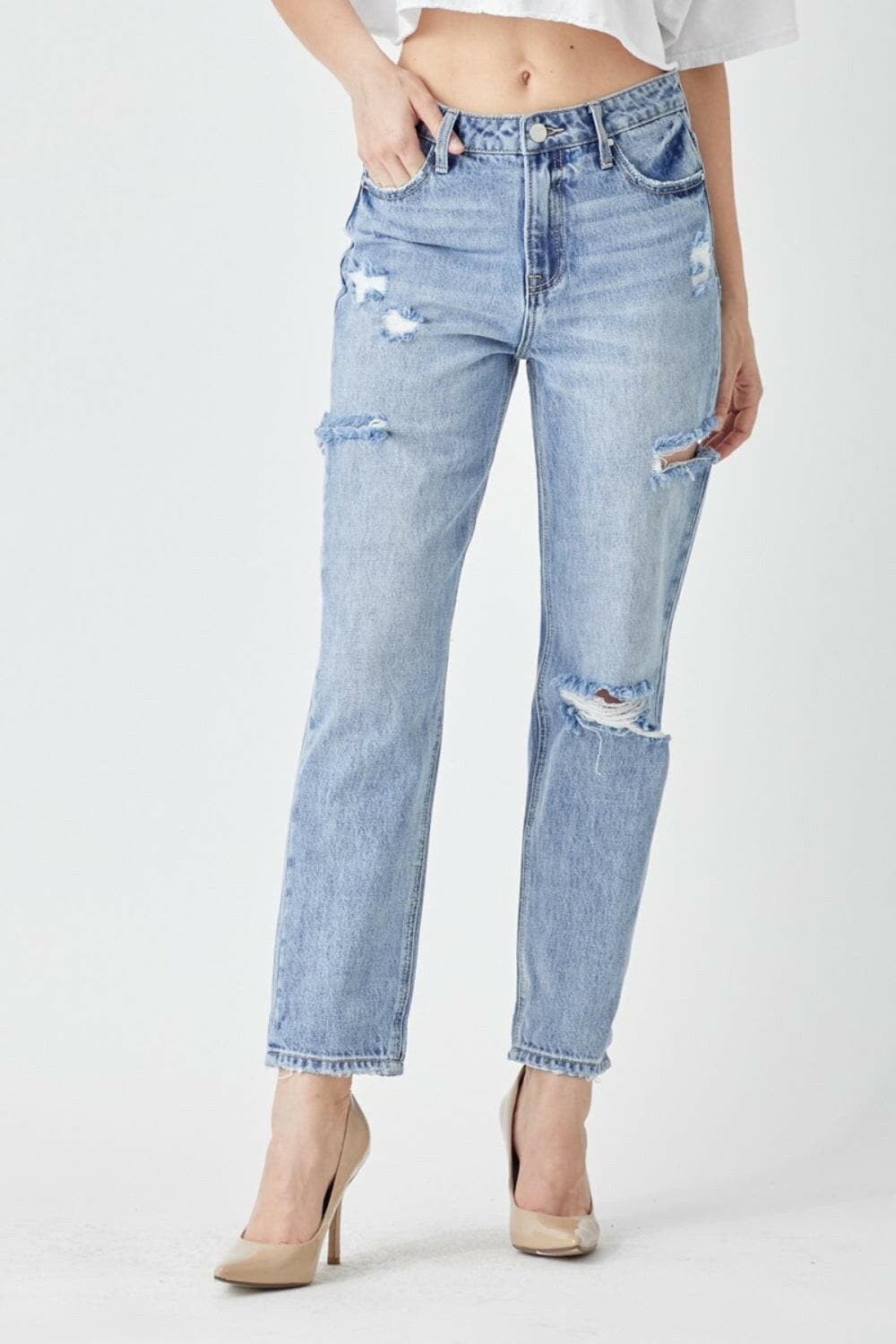 RISEN Distressed Slim Cropped Jeans.